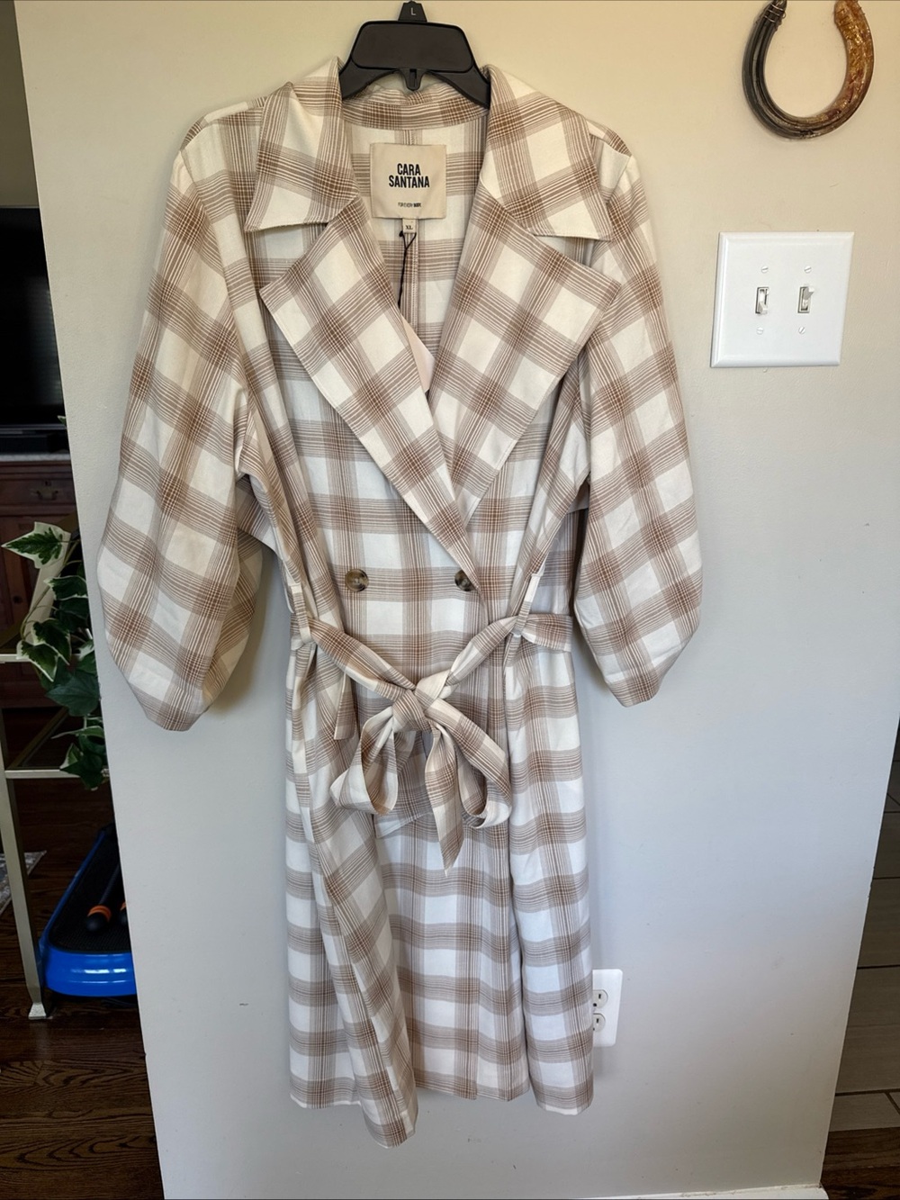 Cream & Tan Plaid Trench Coat